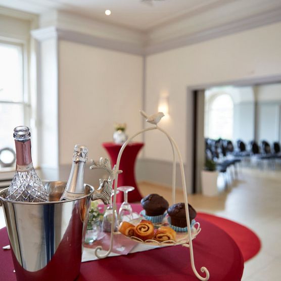 Getränke und Snacks für einen Sektempfang im Seerosenzimmer von Schloß Styrum